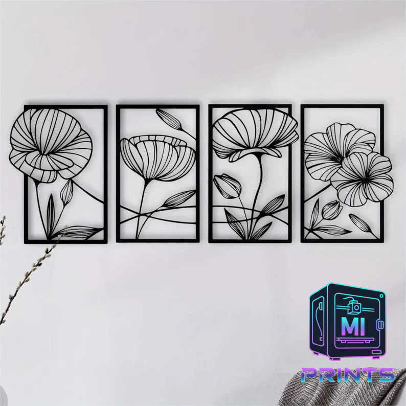 Elegant Floral Line Art - 4 Planel Wall Decor Set [3d Printed] MI PRINTS